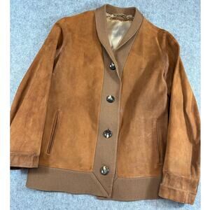VINTAGE 70s Suede Leather Jacket Womens Brown Button Front Western Coat Large